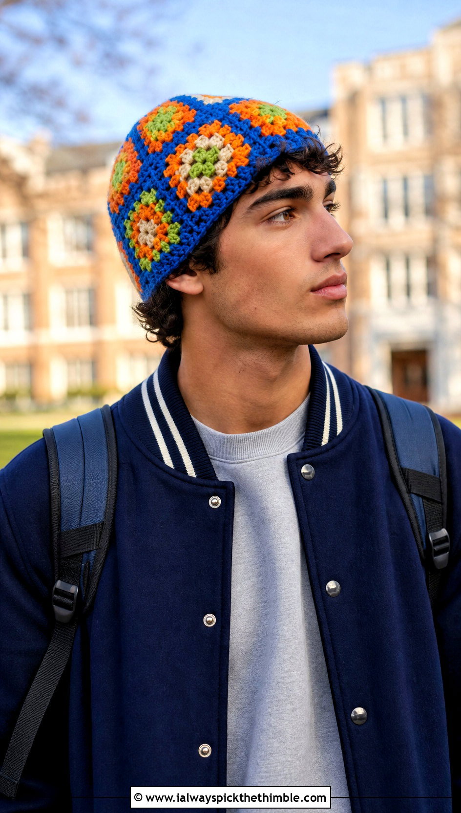Granny Square Crochet Beanie With Varsity Jacket - 20 Easy Mens Crochet Beanie outfit ideas