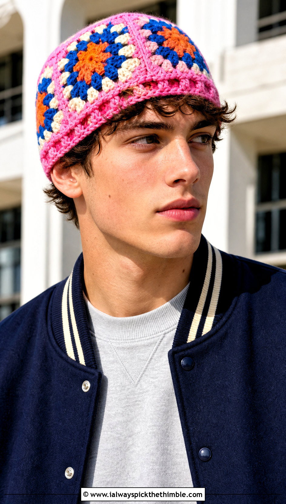 Granny Square Crochet Beanie With Varsity Jacket - 20 mens crochet hats men's beanie outfit ideas