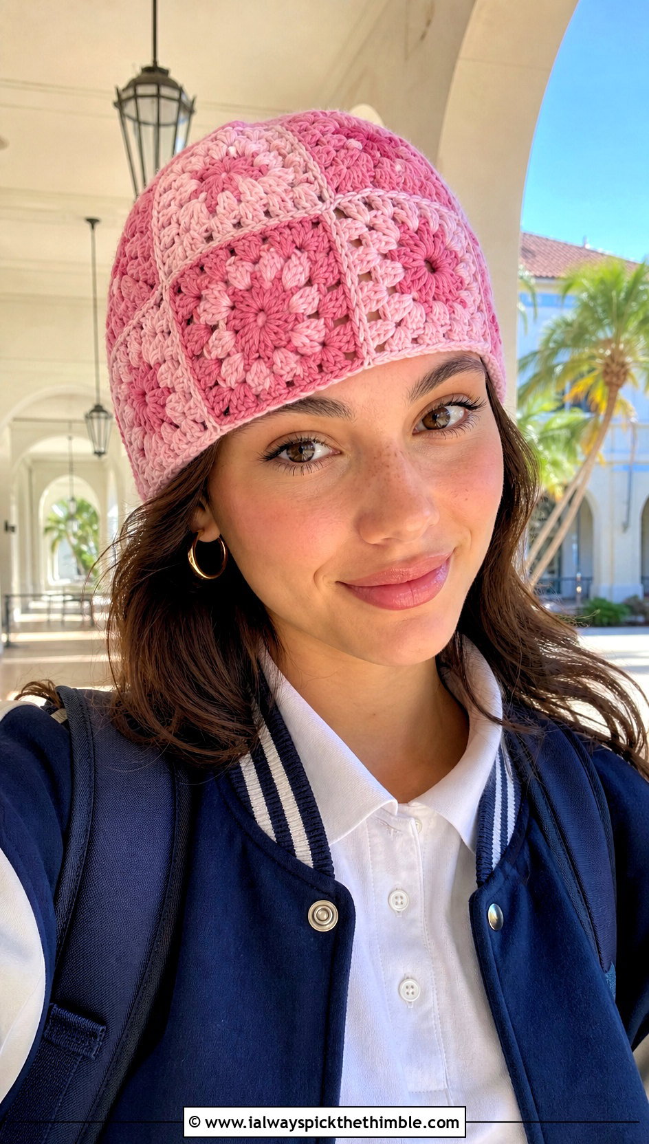Granny Square Crochet Beanie With Varsity Jacket - 15 Crochet Textured Beanie outfit ideas