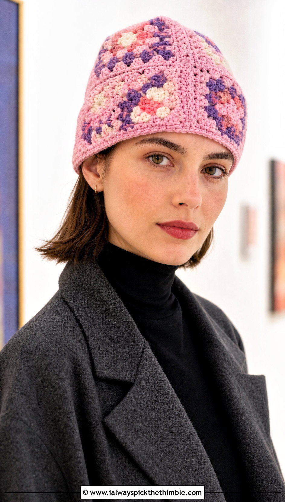 Granny Square Crochet Beanie With Wool Coat And Trousers - 20 winter crochet beanie outfit ideas