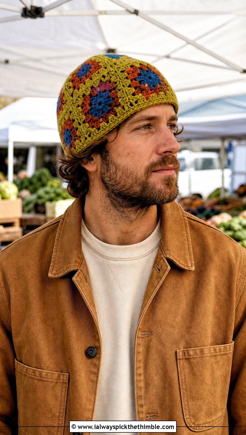 Granny Square Crochet Beanie With Workwear Jacket - 25 Men Crochet Beanie outfit ideas