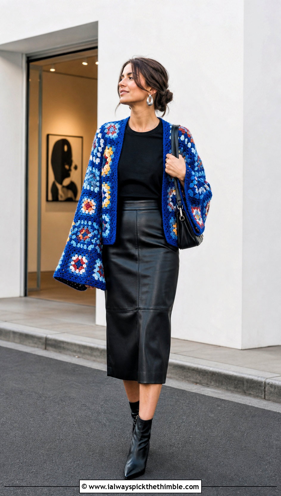 Granny Square Crochet Bell Sleeve Cardigan With Leather Midi Skirt - 20 crochet bell sleeve cardigan outfit ideas