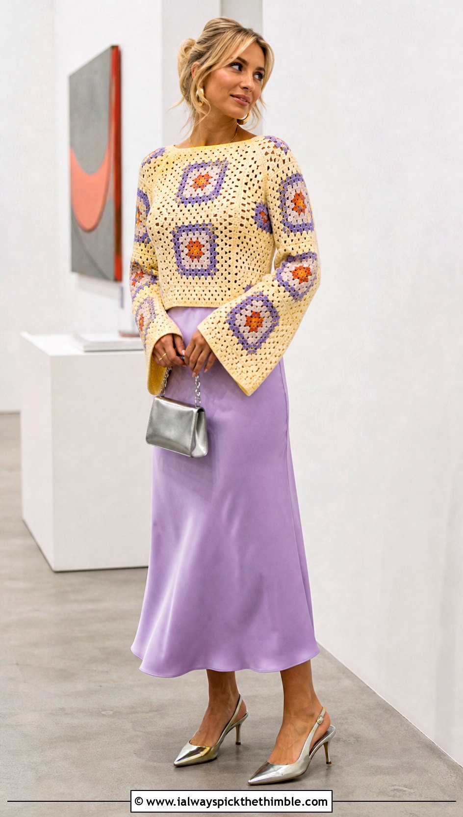 Granny Square Crochet Bell Sleeve Sweater With Satin Midi Skirt - 20 Crochet Sweater With Bell Sleeves outfit ideas