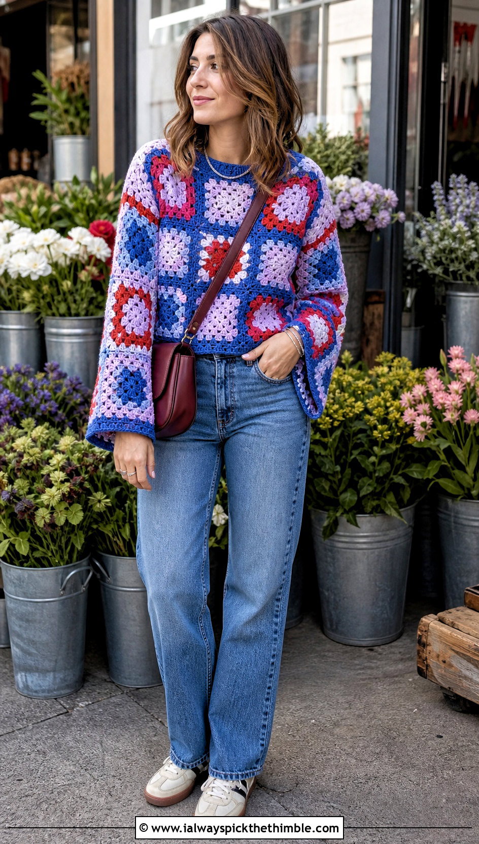 Granny Square Crochet Bell Sleeve Sweater With Straight Leg Jeans - 20 crochet bell sleeve sweater outfit ideas