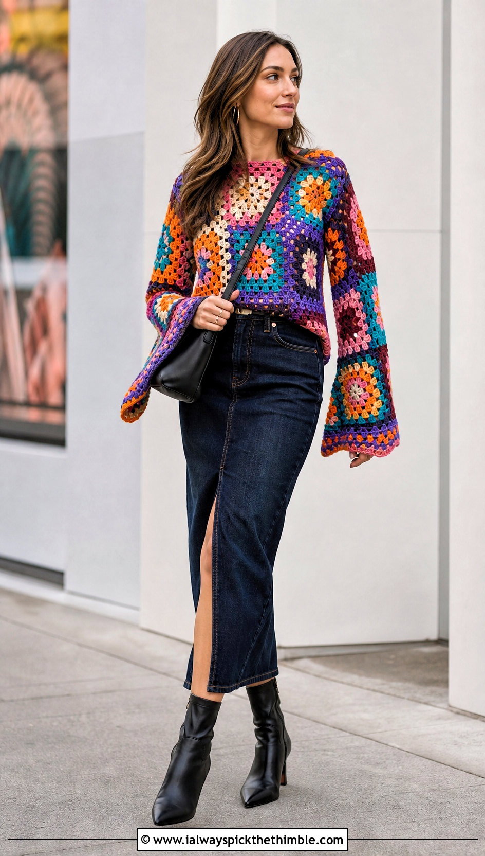 Granny Square Crochet Bell Sleeve Top With Denim Column Skirt - 20 crochet top with bell sleeves outfit ideas