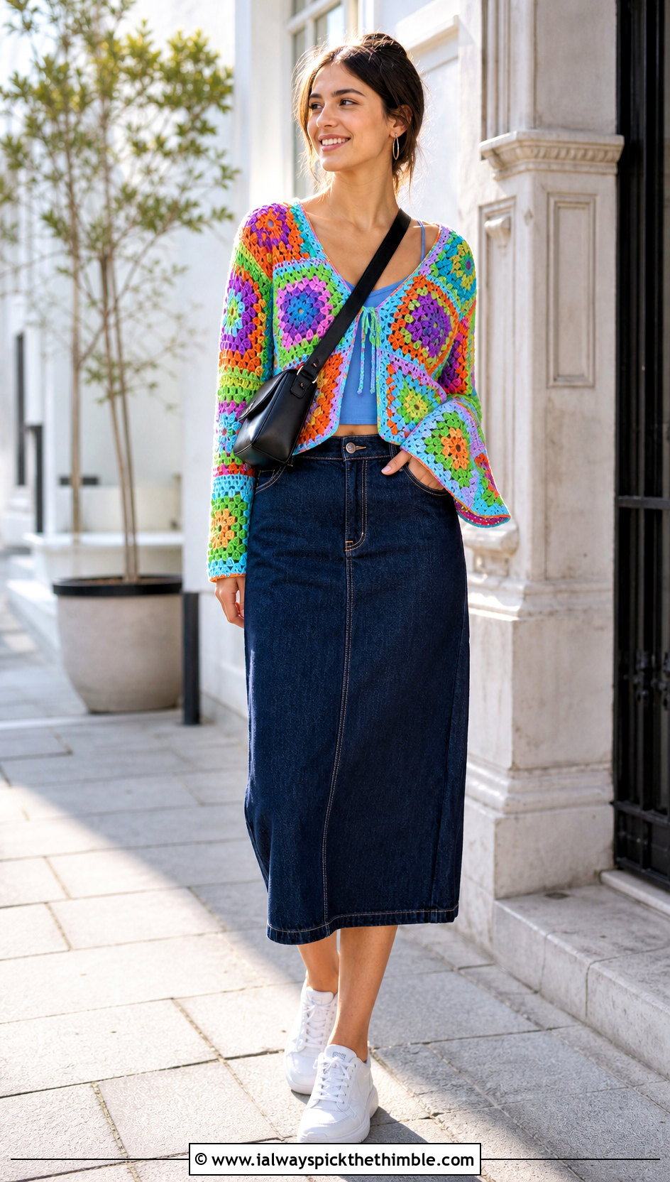 Granny Square Crochet Bell Sleeve Top With Denim Midi Skirt - 15 crochet bell sleeve top outfit ideas