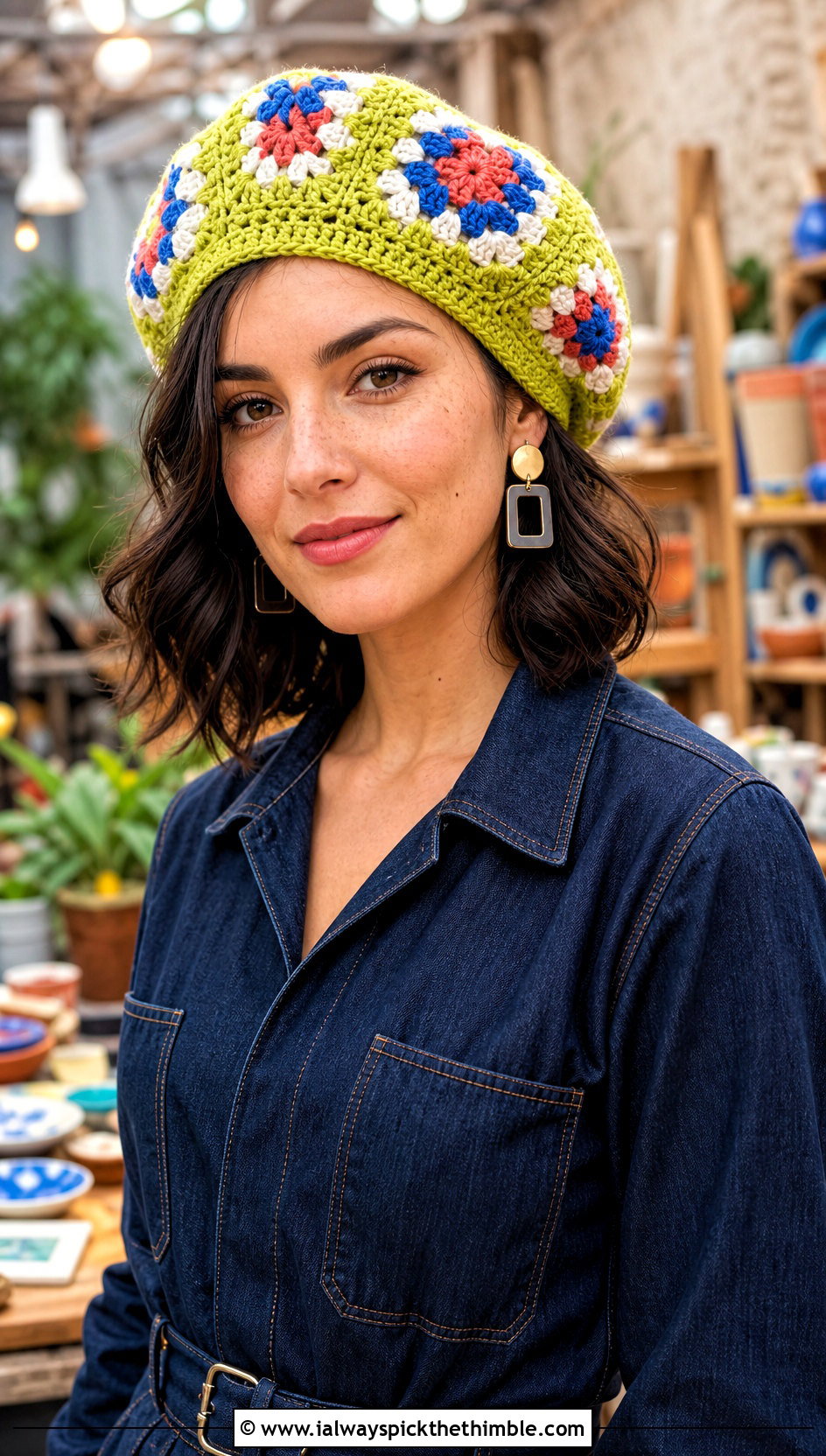 Granny Square Crochet Beret With Denim Jumpsuit - 15 Womens Crochet Beret outfit ideas
