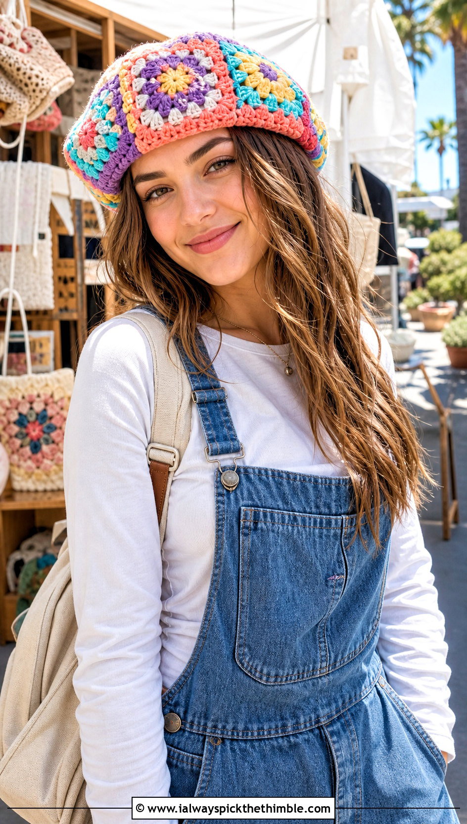Granny Square Crochet Beret With Denim Overalls - 15 simple crochet beret outfit ideas