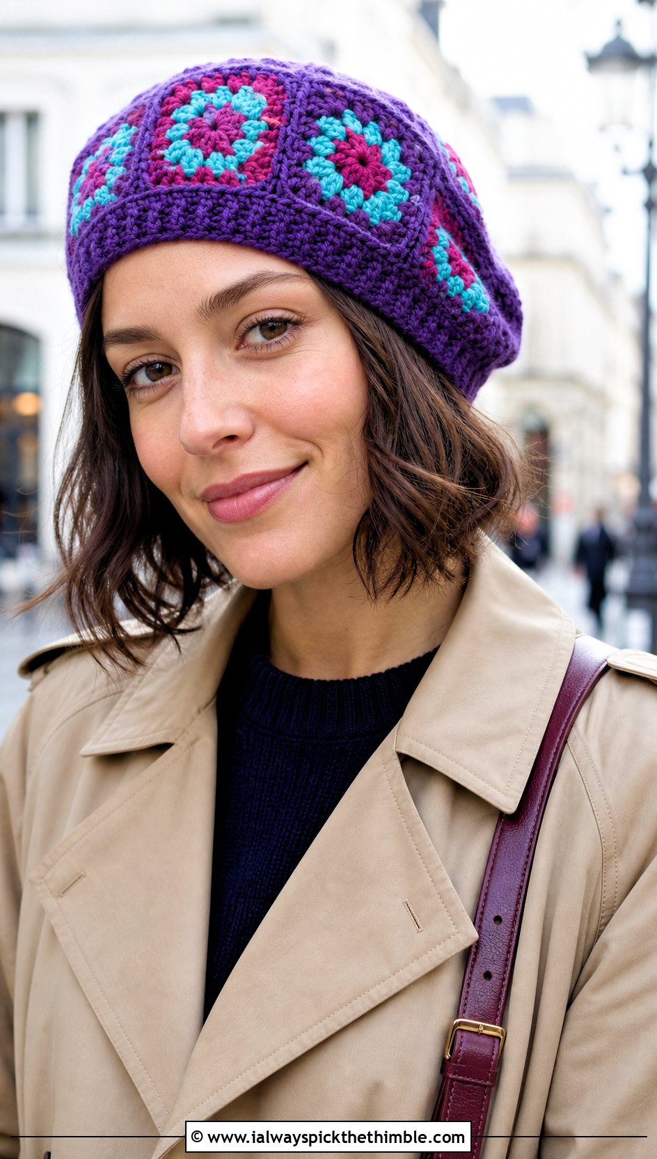 Granny Square Crochet Beret With Trench Coat And Loafers - 25 cute crochet hat ideas