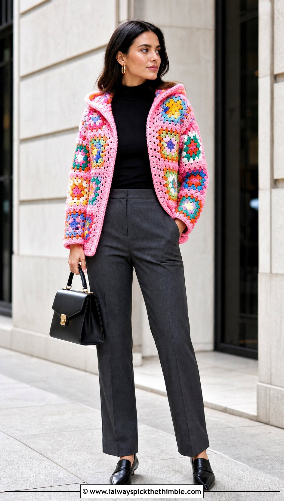 Granny Square Crochet Blanket Hoodie With Tailored Trousers - 20 crochet blanket hoodie outfit ideas