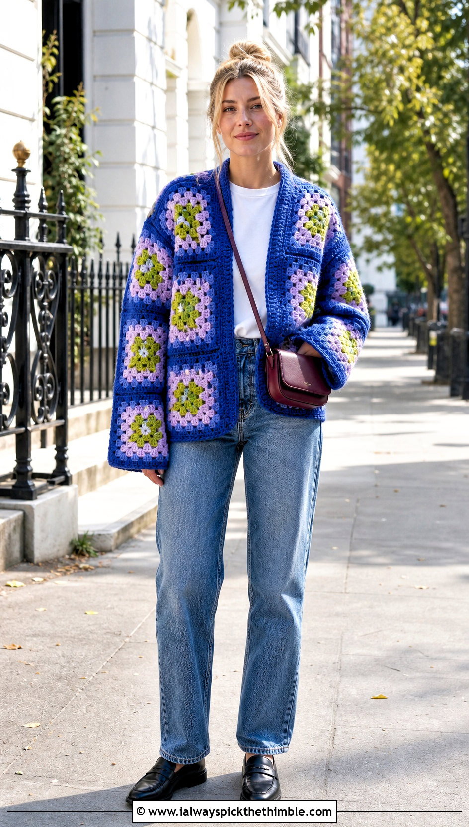 Granny Square Crochet Blanket Jacket With Straight Leg Jeans - 20 crochet blanket jacket outfit ideas
