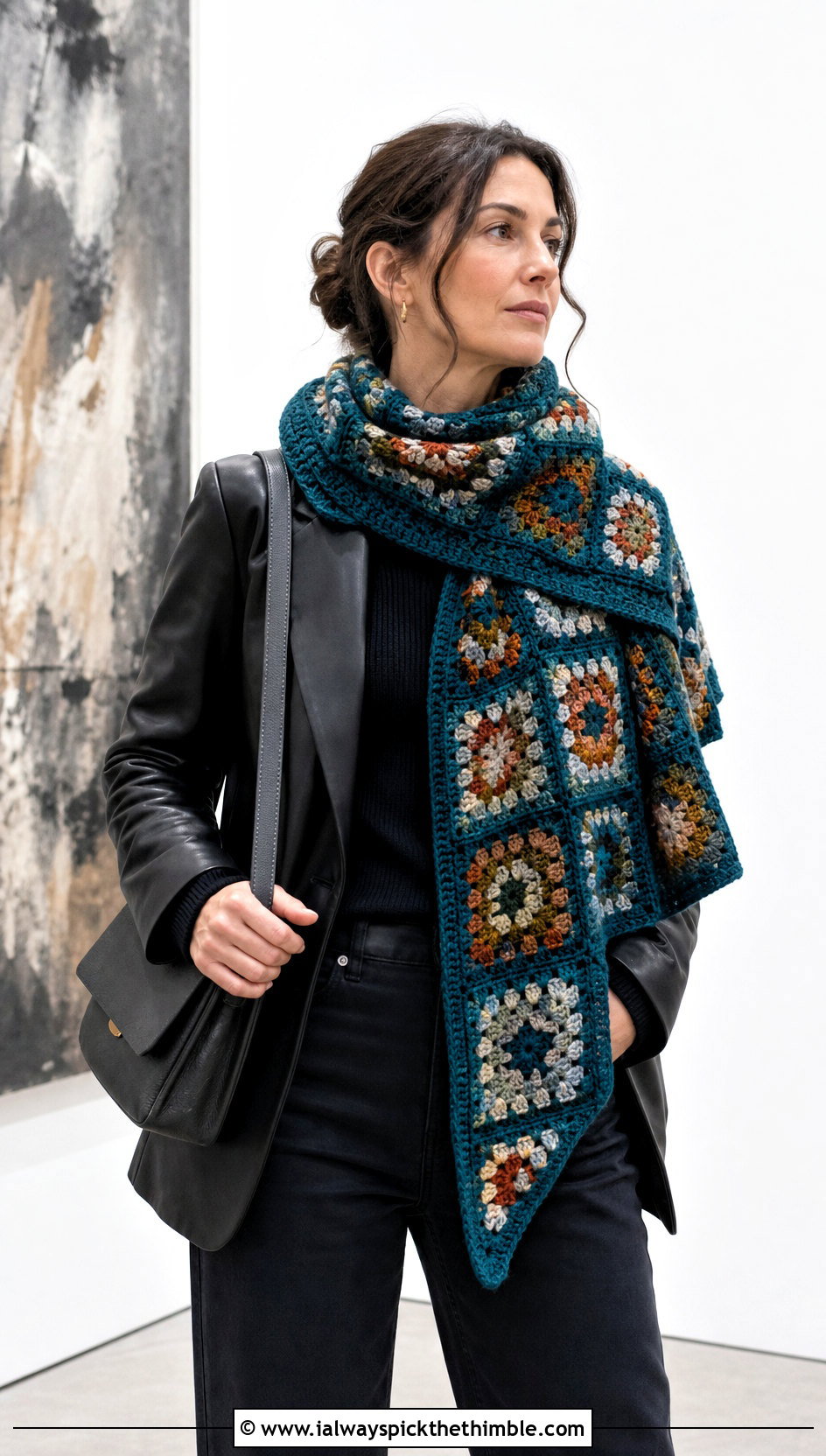 Granny Square Crochet Blanket Scarf With Leather Blazer - 25 crochet blanket scarf outfit ideas