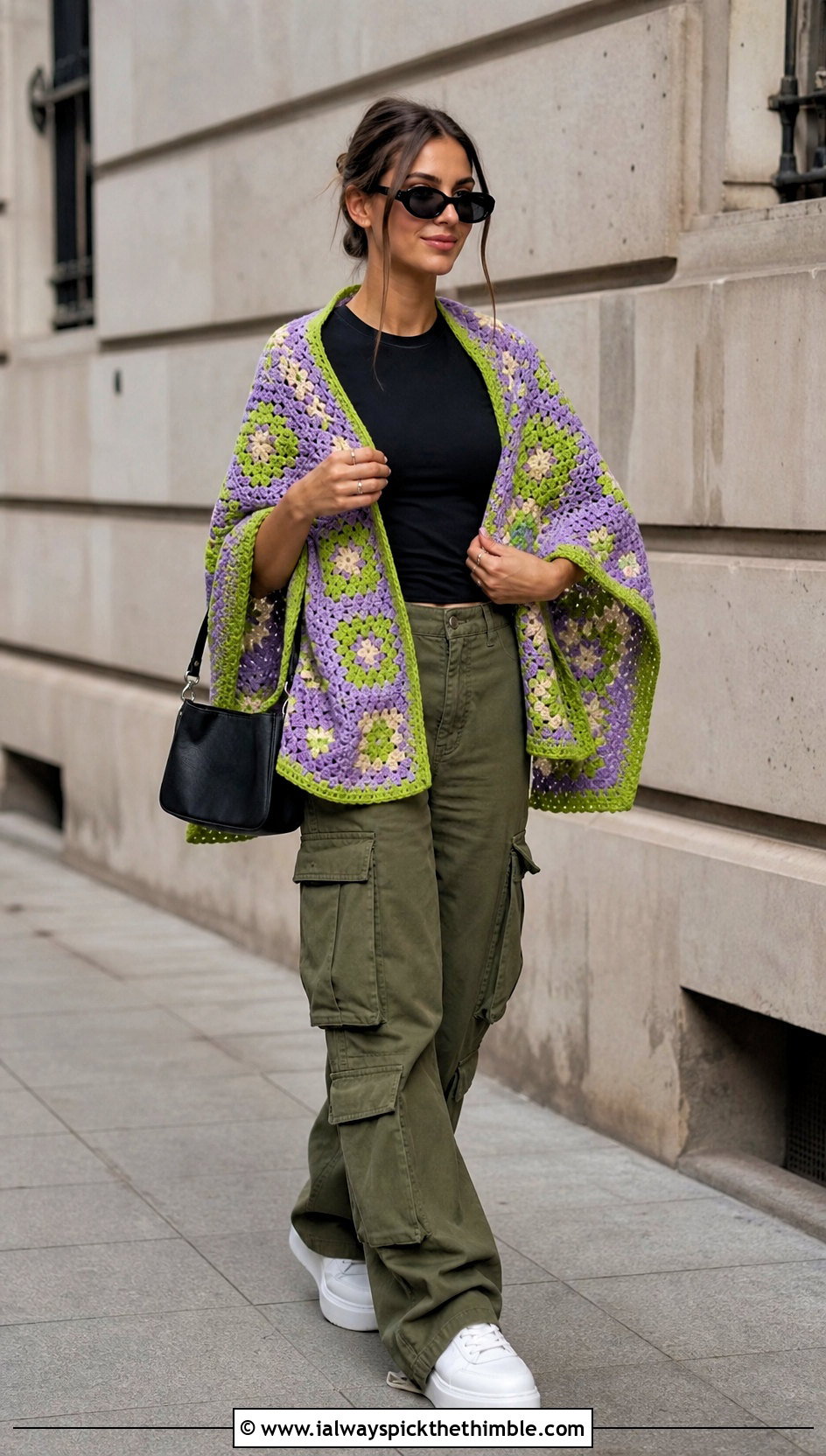 Granny Square Crochet Blanket Shawl With Cargo Pants - 15 Crochet Shawl Blanket outfit ideas