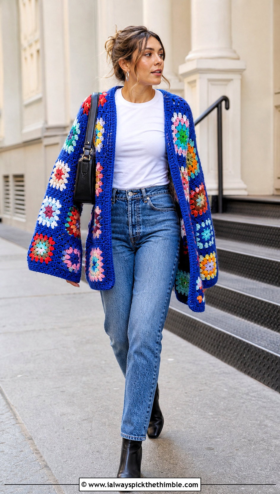 Granny Square Crochet Blanket Sweater With Straight Jeans - 20 crochet blanket sweater outfit ideas