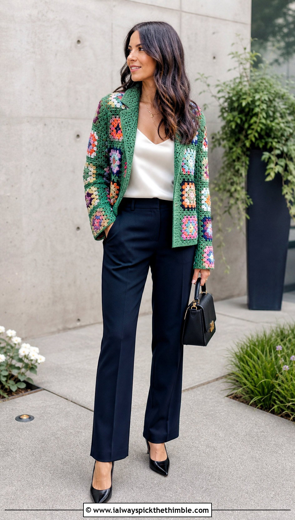 Granny Square Crochet Blazer With Tailored Trousers - 20 Crochet Wedding Outfit ideas