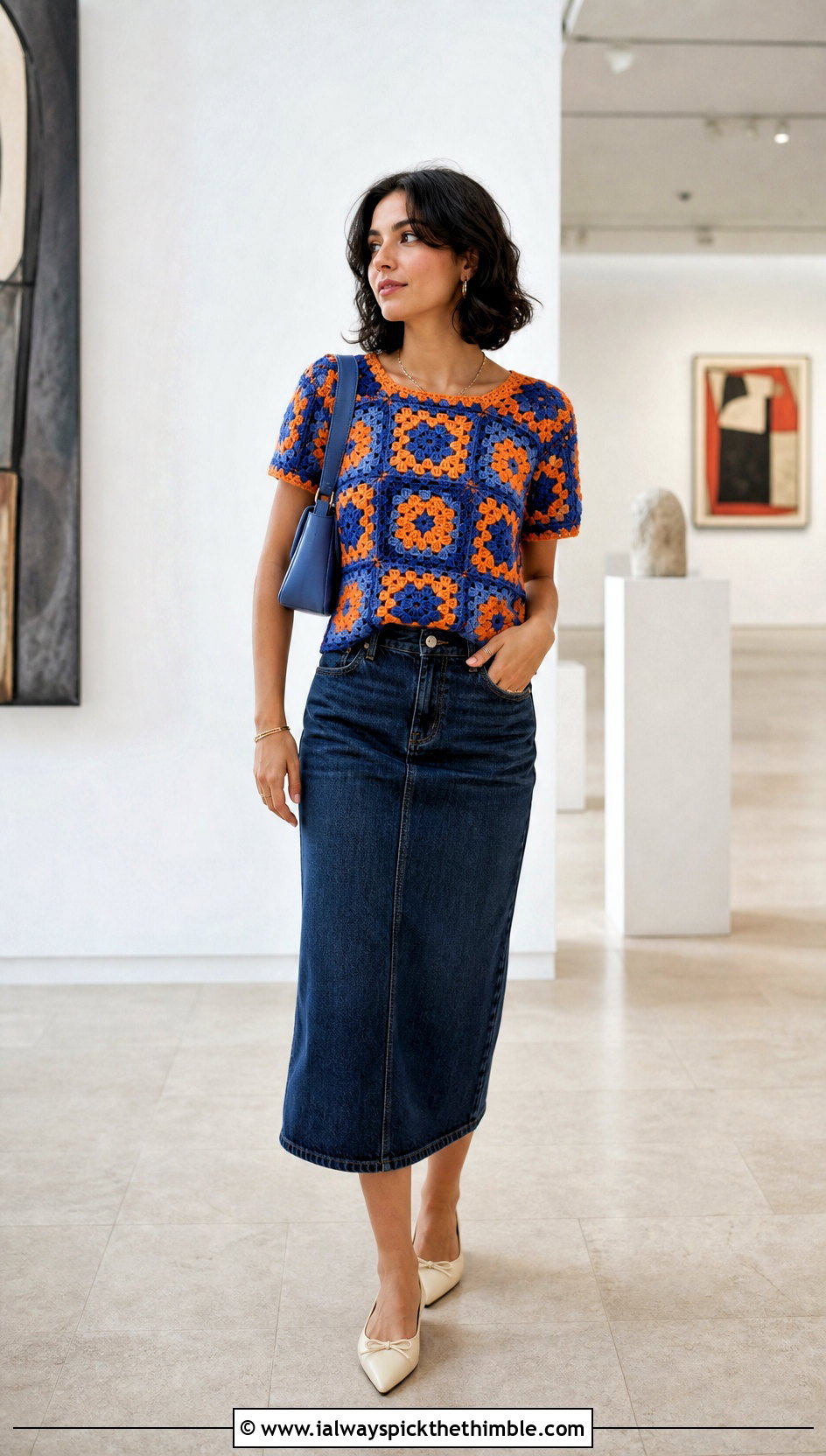 Granny Square Crochet Blouse With Denim Midi Skirt - 15 Beginner Crochet Blouse outfit ideas