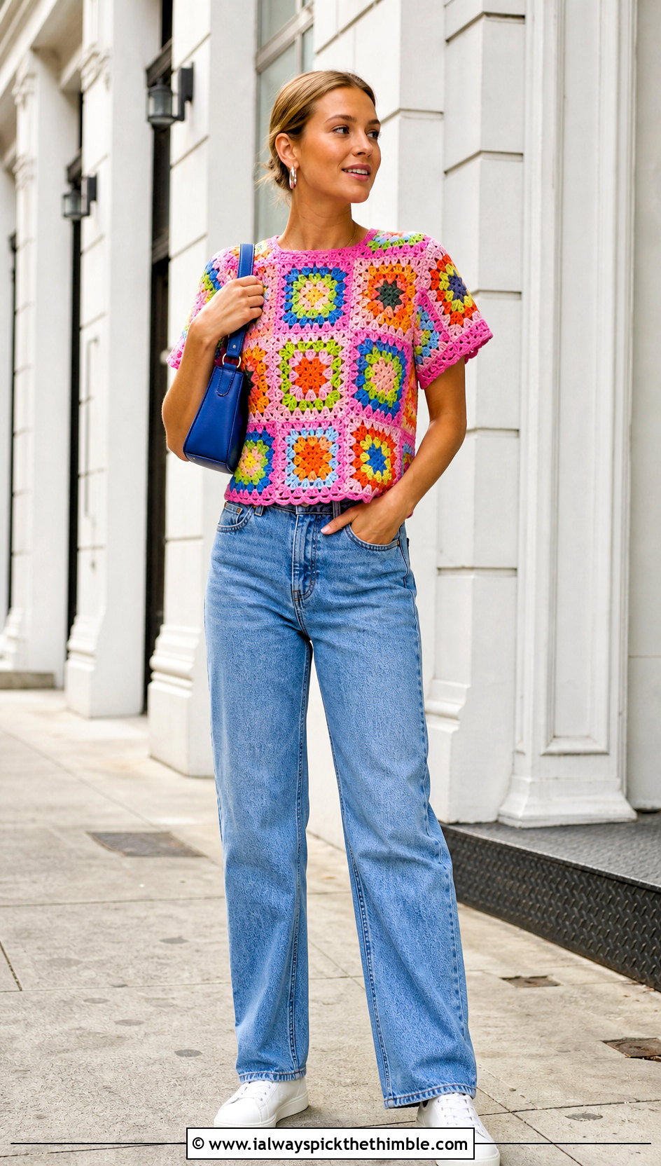 Granny Square Crochet Blouse With Straight Leg Jeans - 25 crochet blouse outfit ideas