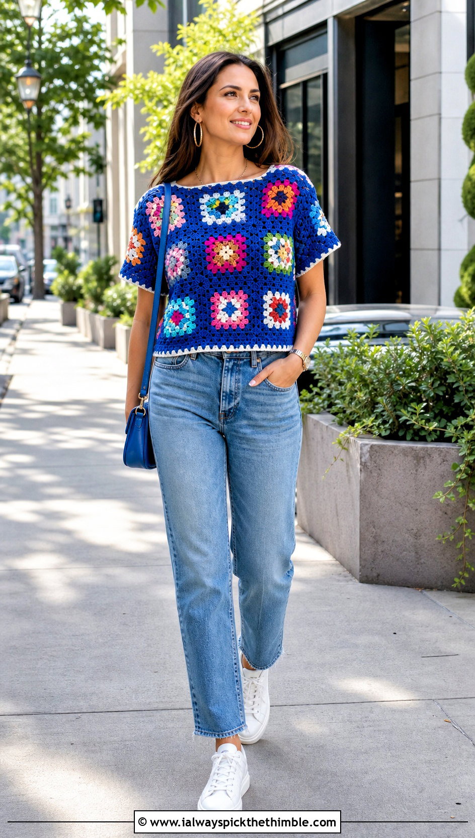 Granny Square Crochet Blouse With Straight Leg Jeans - 15 quick crochet blouse outfit ideas