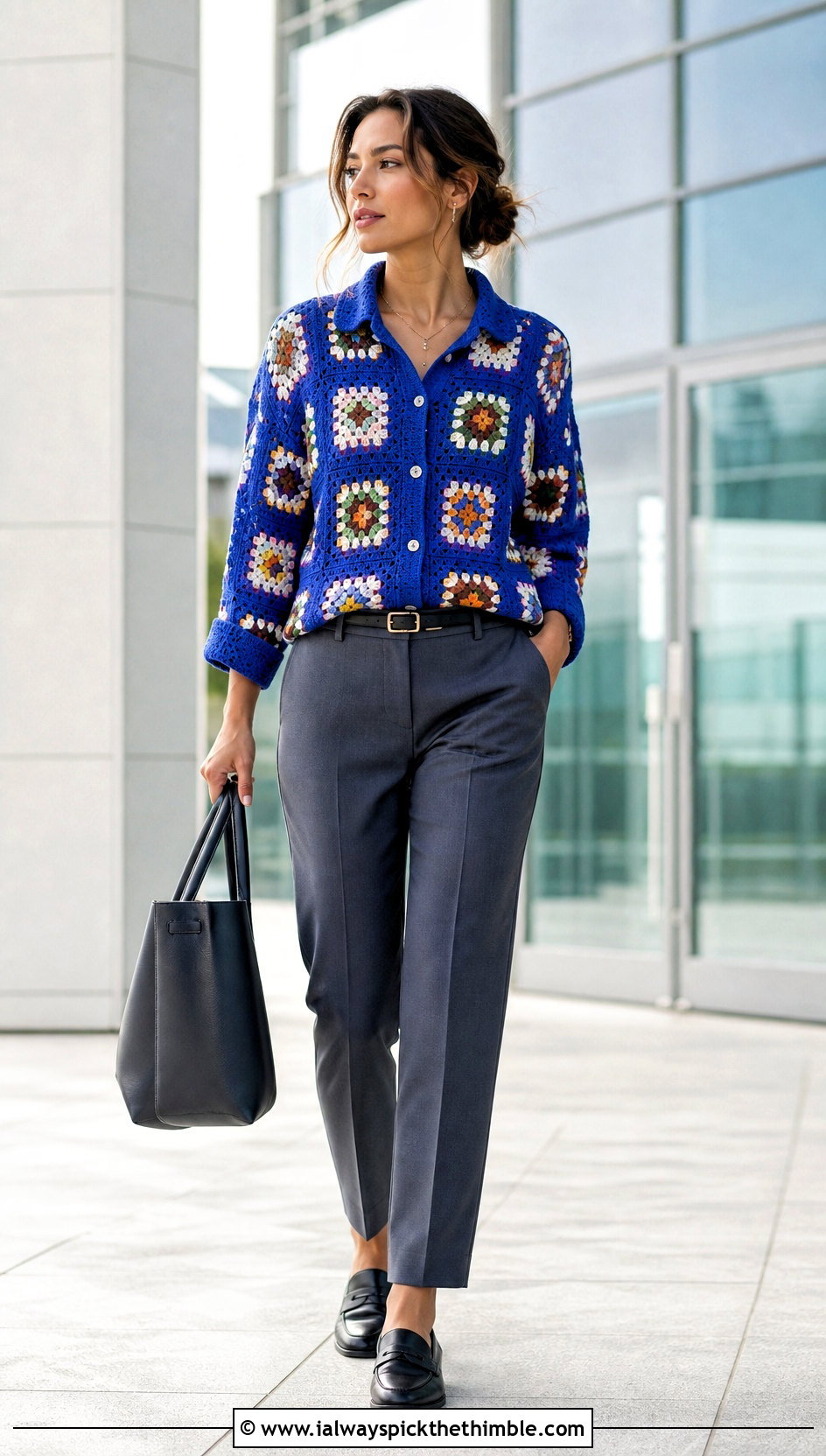 Granny Square Crochet Blouse With Tailored Trousers - 25 crochet blouse for women outfit ideas