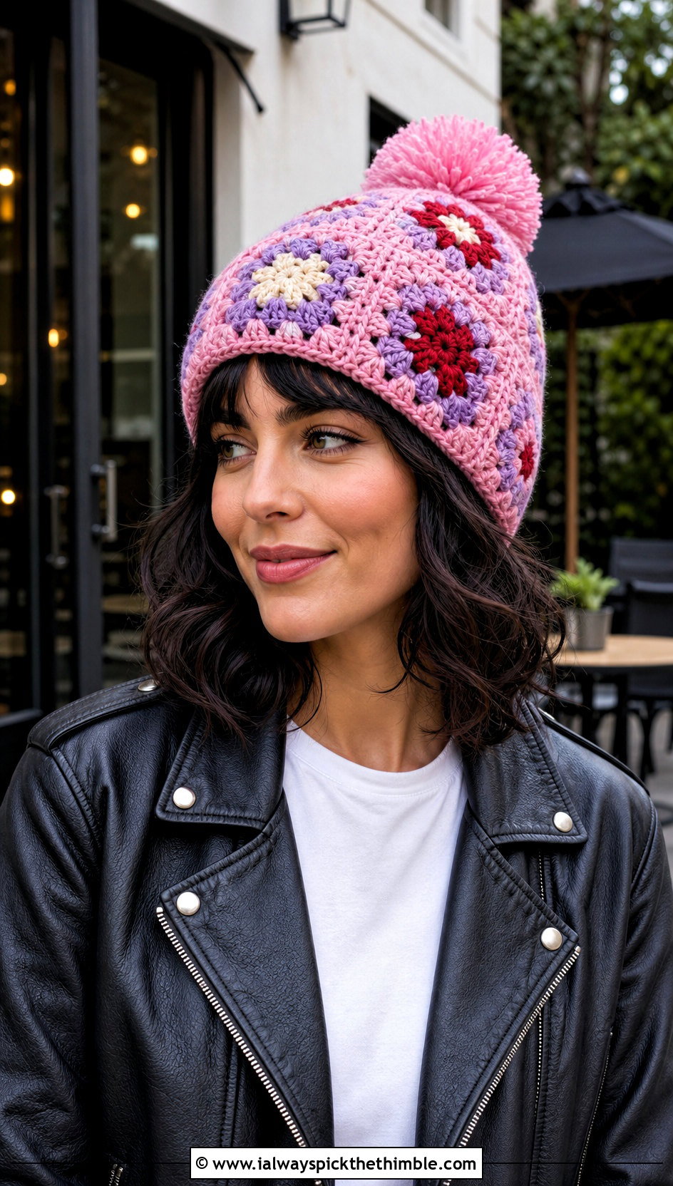 Granny Square Crochet Bobble Hat With Leather Jacket - 20 crochet bobble hat outfit ideas