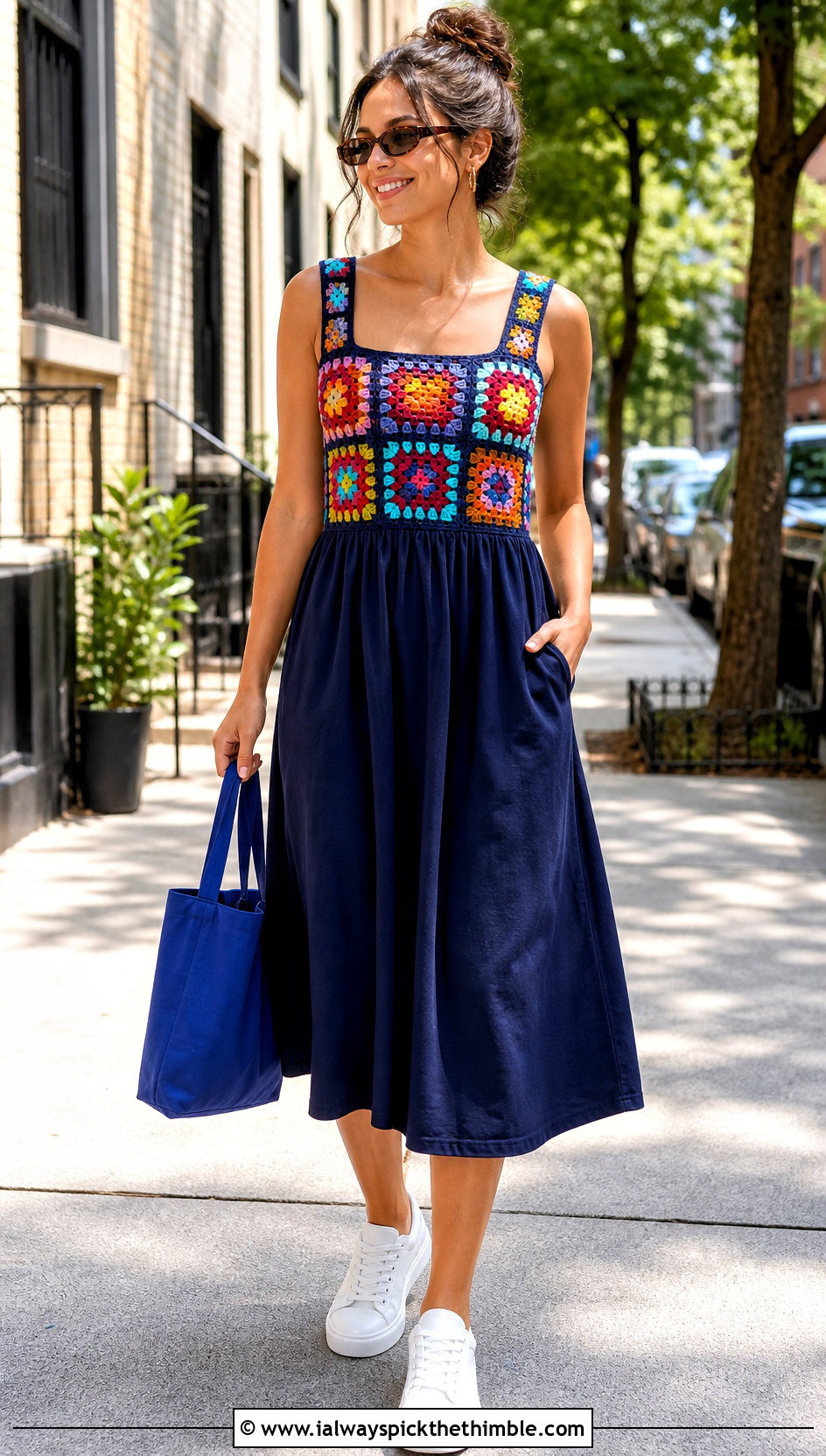 Granny Square Crochet Bodice Dress With Sneakers - 20 crochet bodice dress outfit ideas