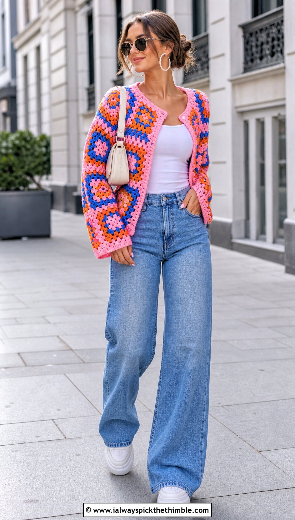 Granny Square Crochet Bog Jacket With Wide Leg Jeans - 25 Crochet Bog Jacket outfit ideas