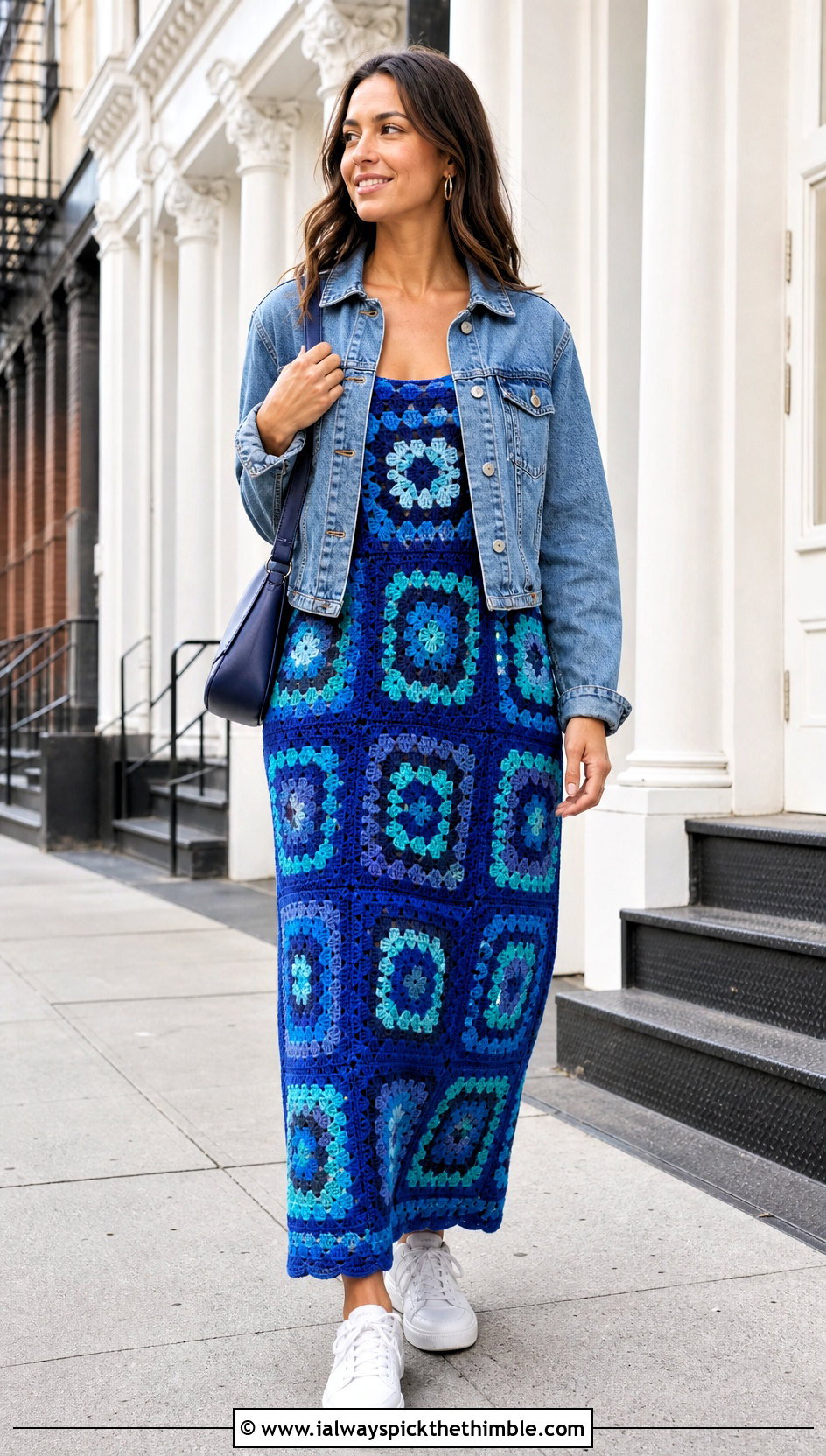 Granny Square Crochet Boho Maxi Dress With Denim Jacket - 20 crochet boho dress outfit ideas
