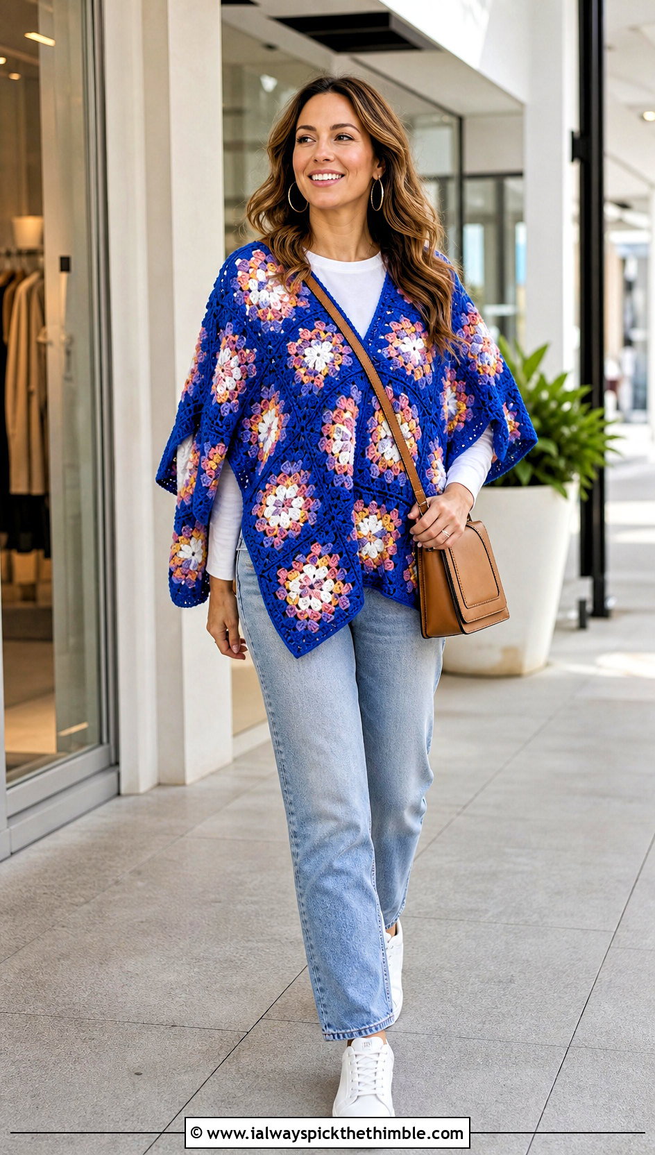 Granny Square Crochet Boho Poncho With Straight Leg Jeans - 20 crochet boho poncho outfit ideas