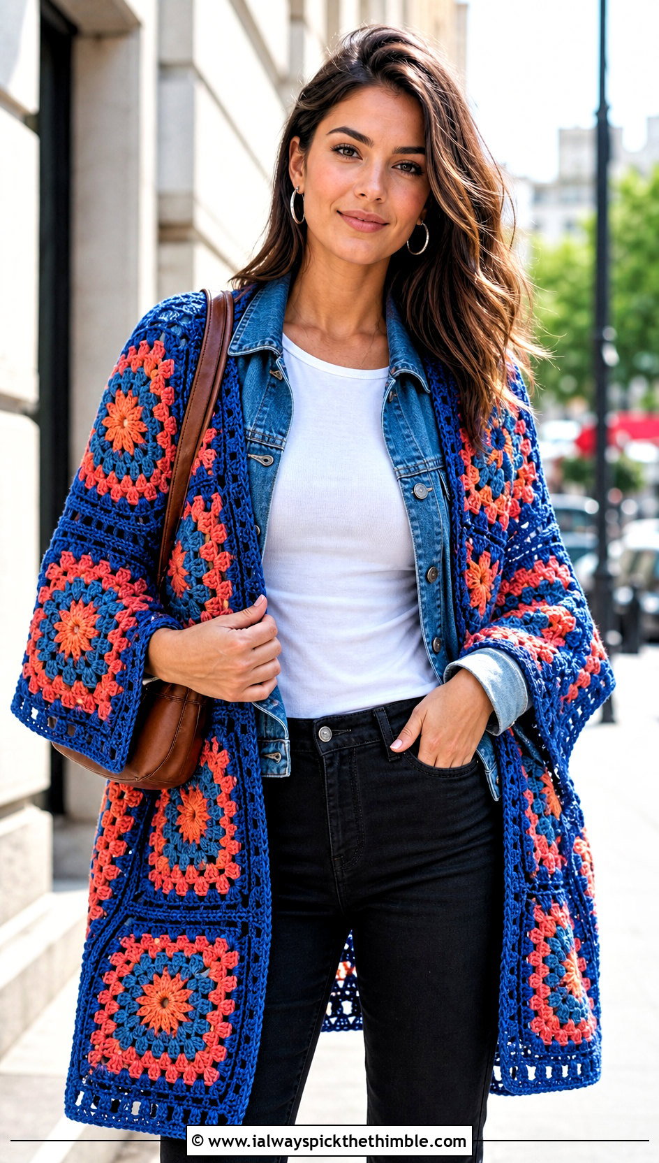 Granny Square Crochet Boho Shawl With Denim Jacket - 20 crochet boho shawl outfit ideas