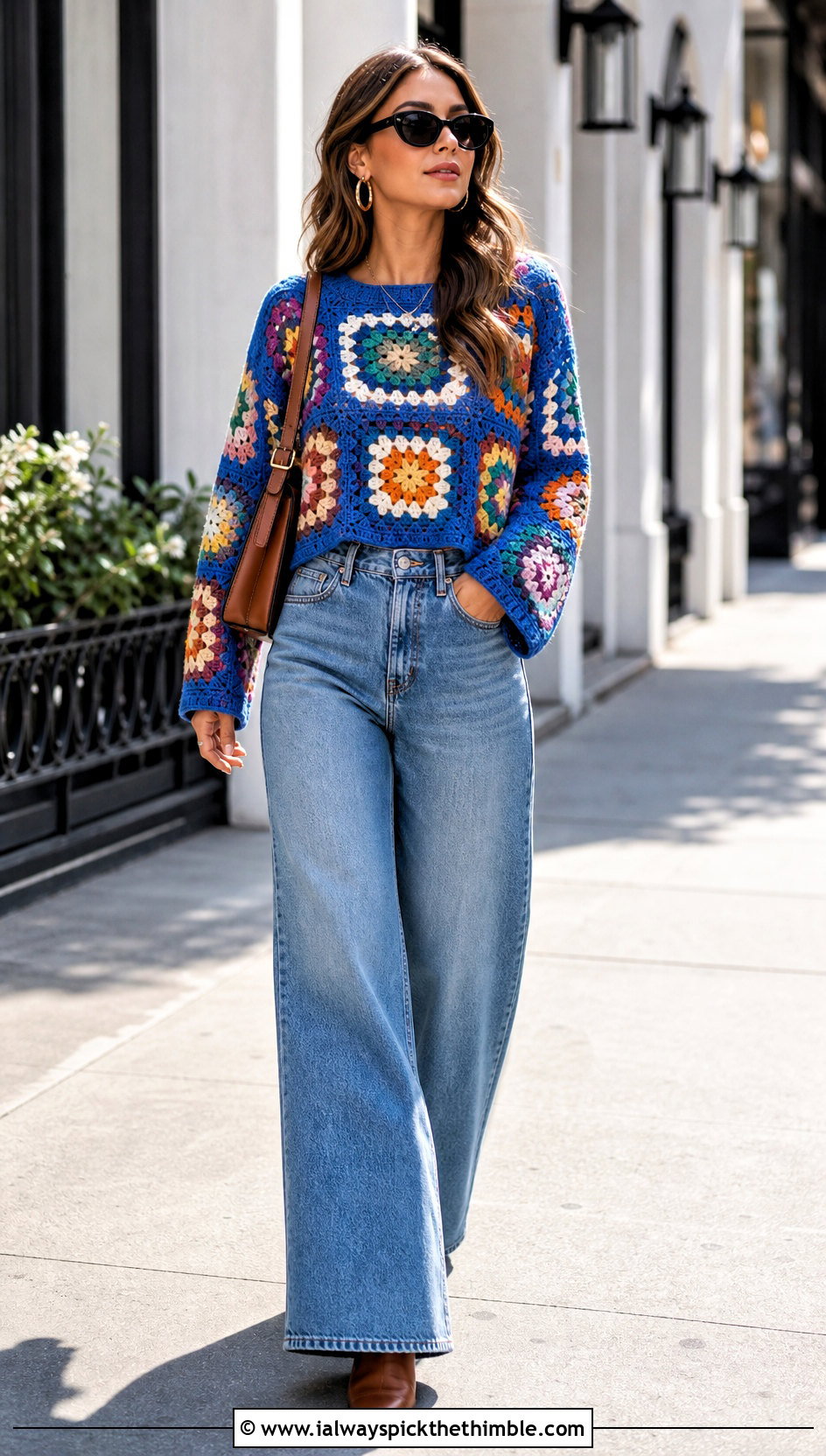Granny Square Crochet Boho Sweater With Wide Leg Jeans - 20 crochet boho sweater outfit ideas