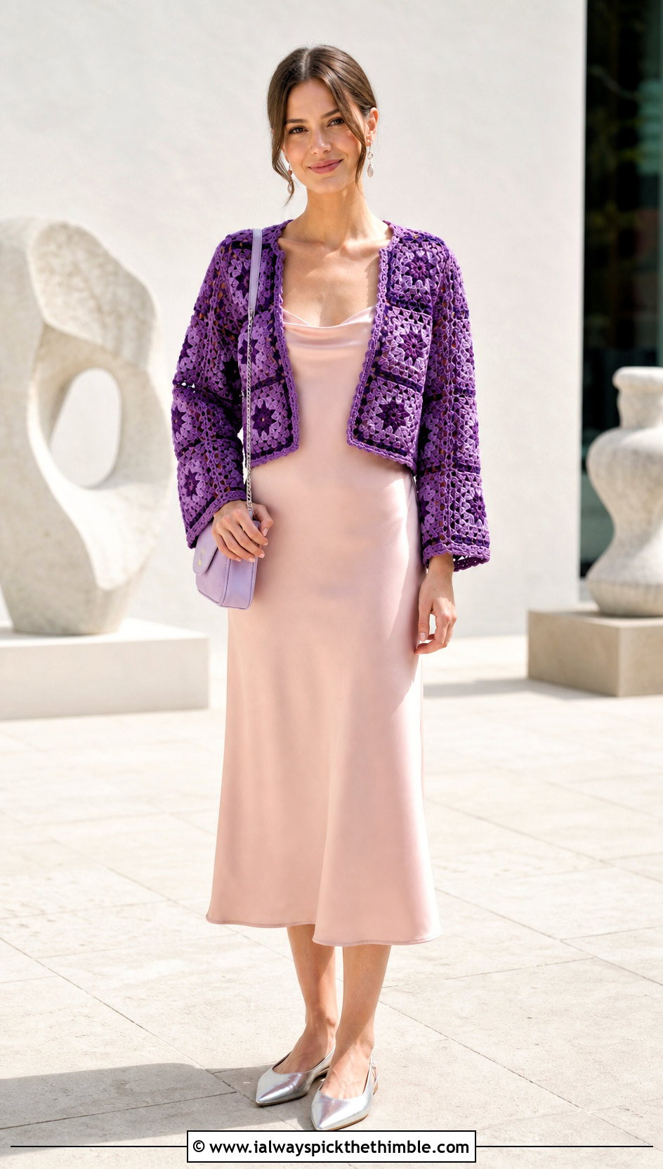Granny Square Crochet Bolero Jacket With Slip Dress - 25 easy crochet jacket outfit ideas