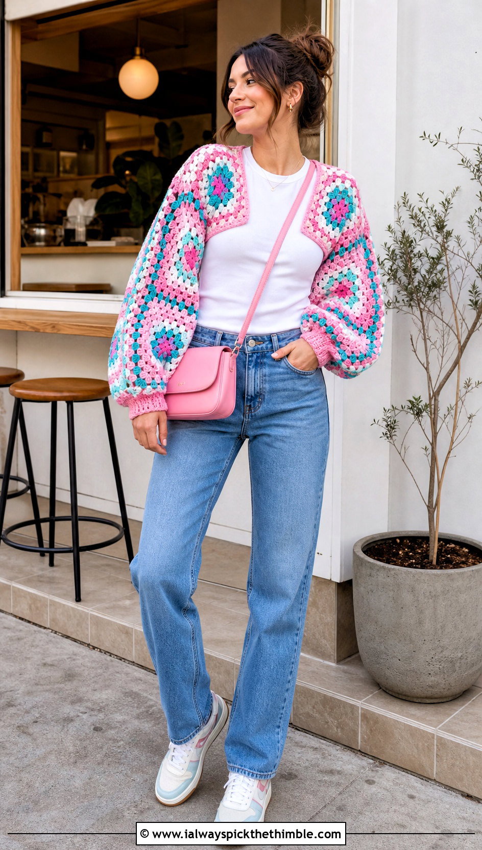Granny Square Crochet Bolero Shrug With T Shirt And Straight Jeans - 25 crochet bolero shrug outfit ideas