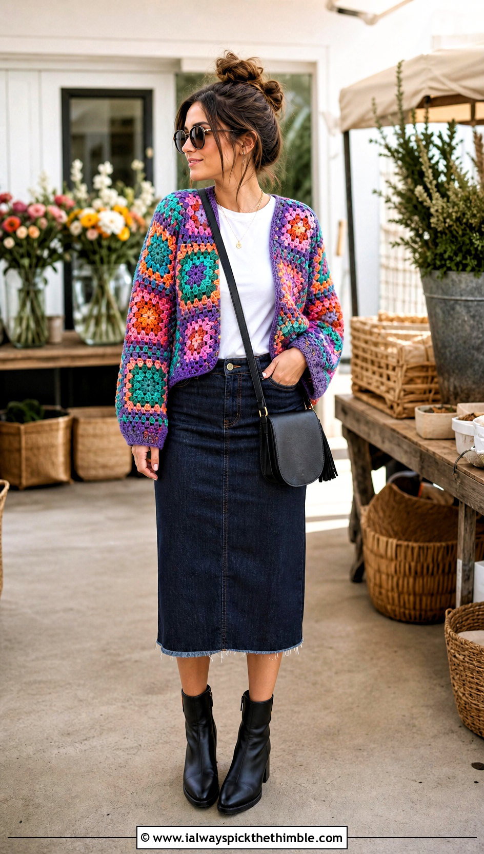 Granny Square Crochet Bolero With Denim Midi Skirt - 25 crochet bolero outfit ideas