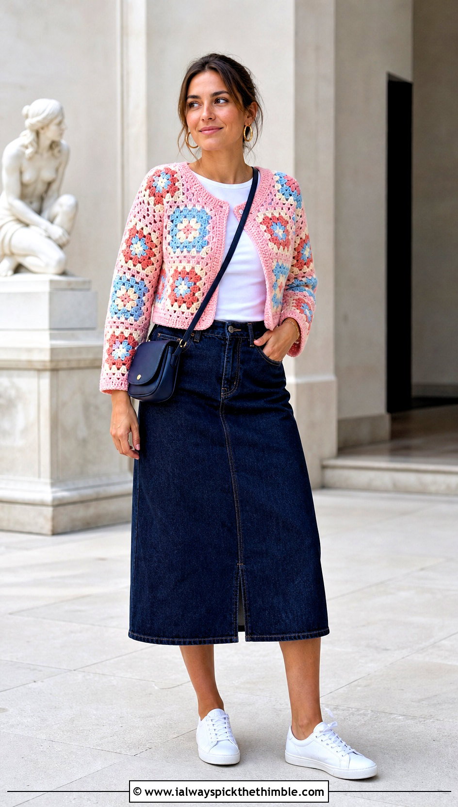 Granny Square Crochet Bolero With Denim Midi Skirt - 15 crochet spring summer bolero outfit ideas