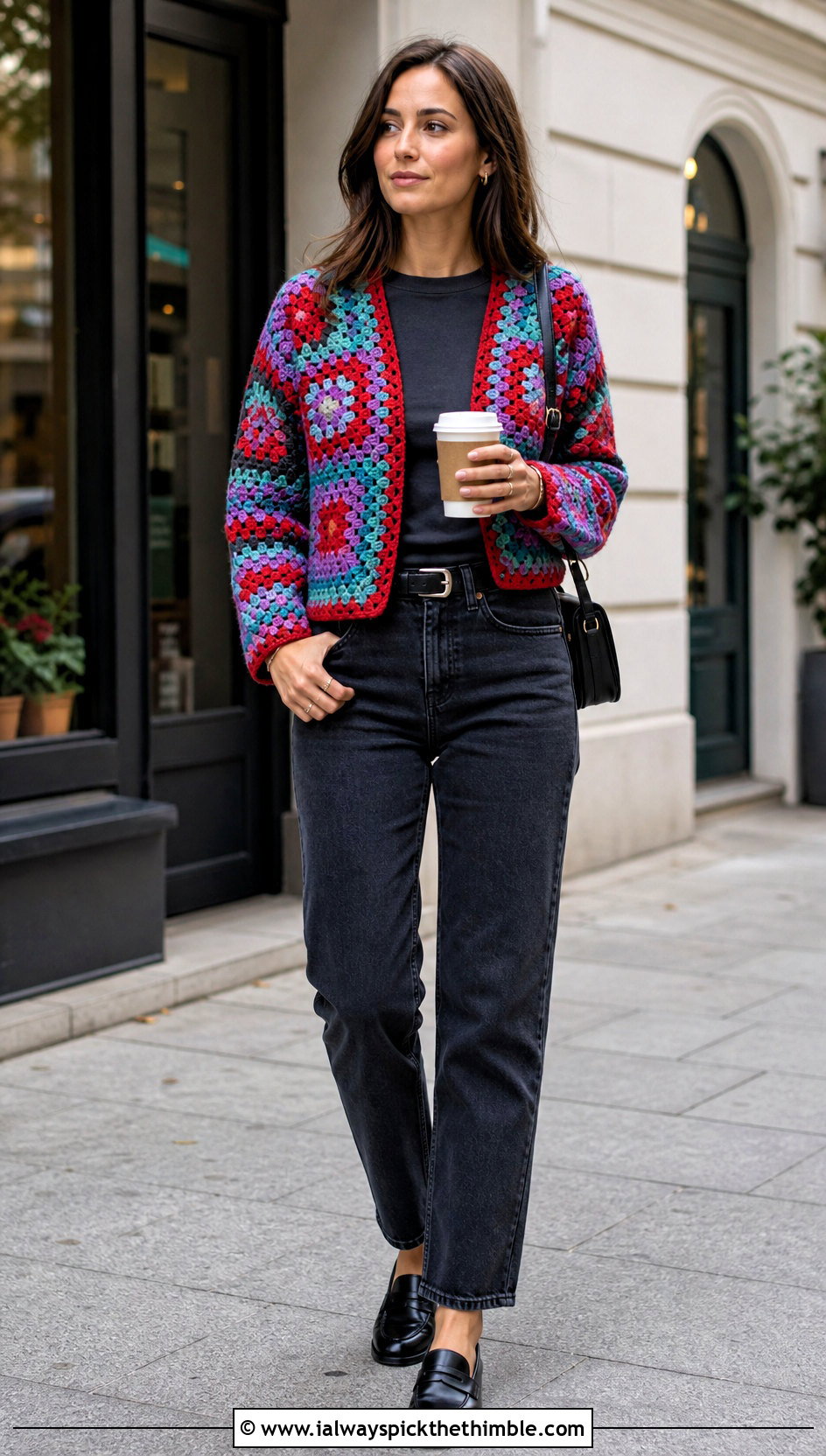 Granny Square Crochet Bolero With T Shirt And Straight Jeans - 20 Crochet Bolero Sweater outfit ideas