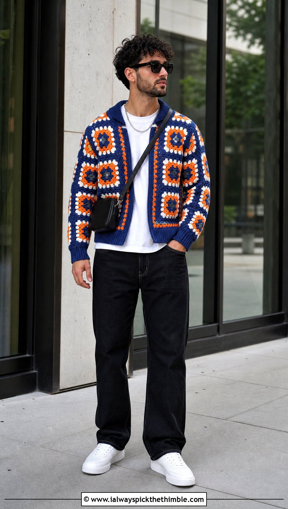 Granny Square Crochet Bomber Jacket With Black Jeans - 25 crochet jacket for men outfit ideas