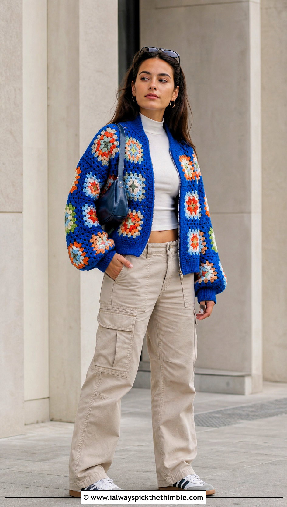 Granny Square Crochet Bomber Jacket With Cargo Pants - 20 crochet winter jacket outfit ideas