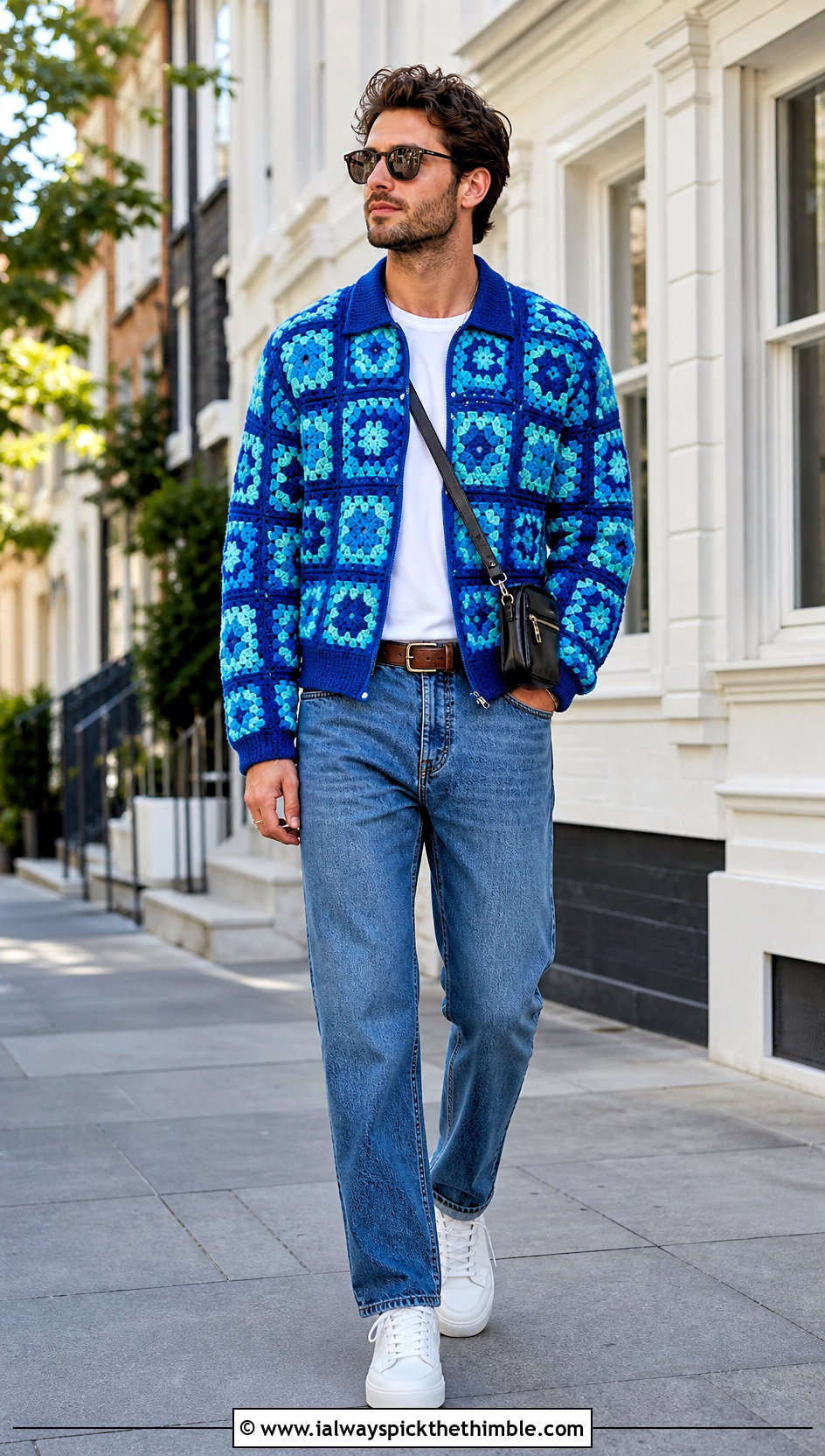 Granny Square Crochet Bomber Jacket With Straight Jeans - 15 Crochet Mens Jacket outfit ideas