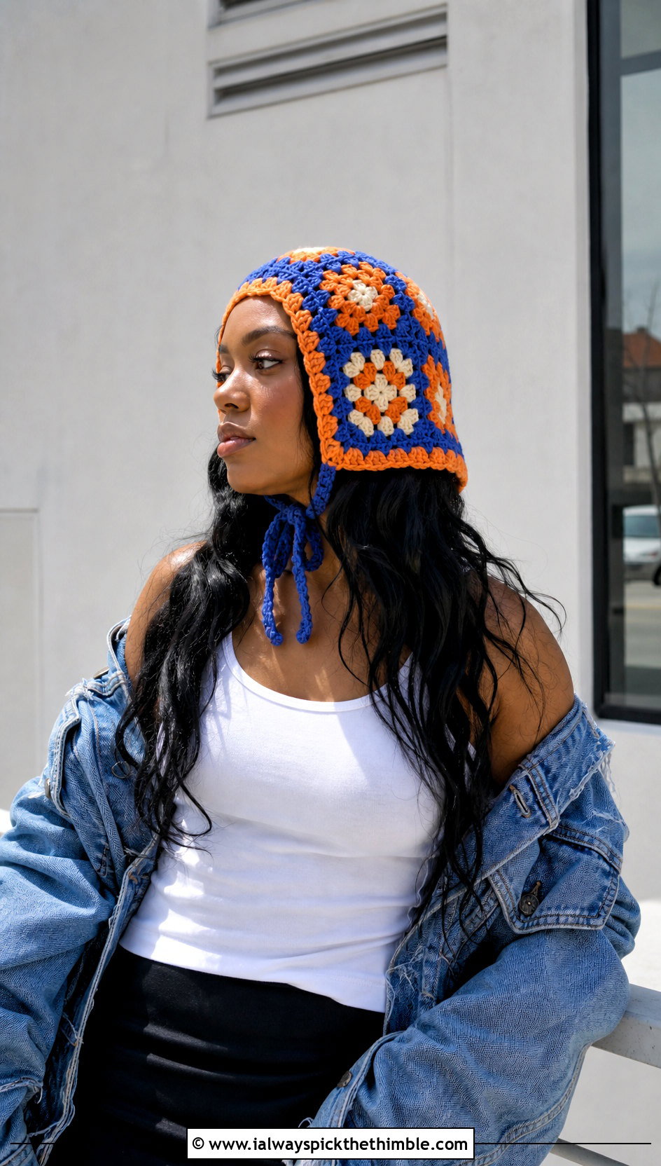 Granny Square Crochet Bonnet With Denim Jacket - 20 Easy Crochet Bonnet outfit ideas