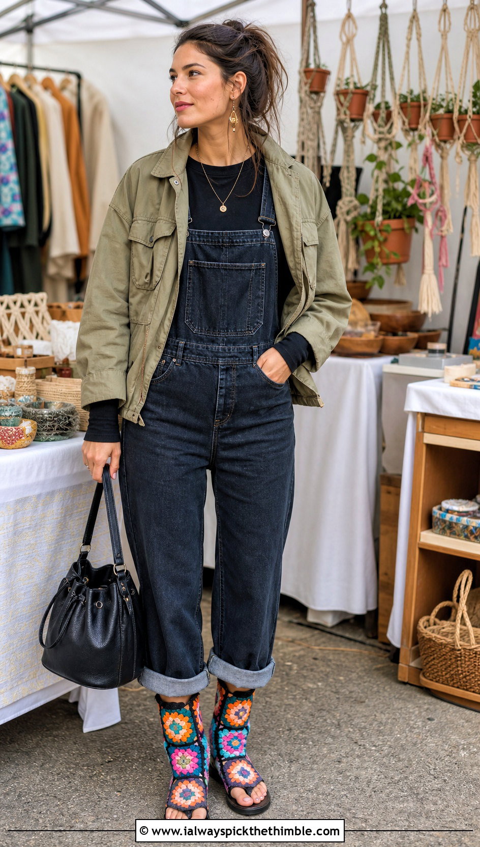 Granny Square Crochet Boots With Denim Overalls - 15 crochet boots with flip flop soles outfit ideas