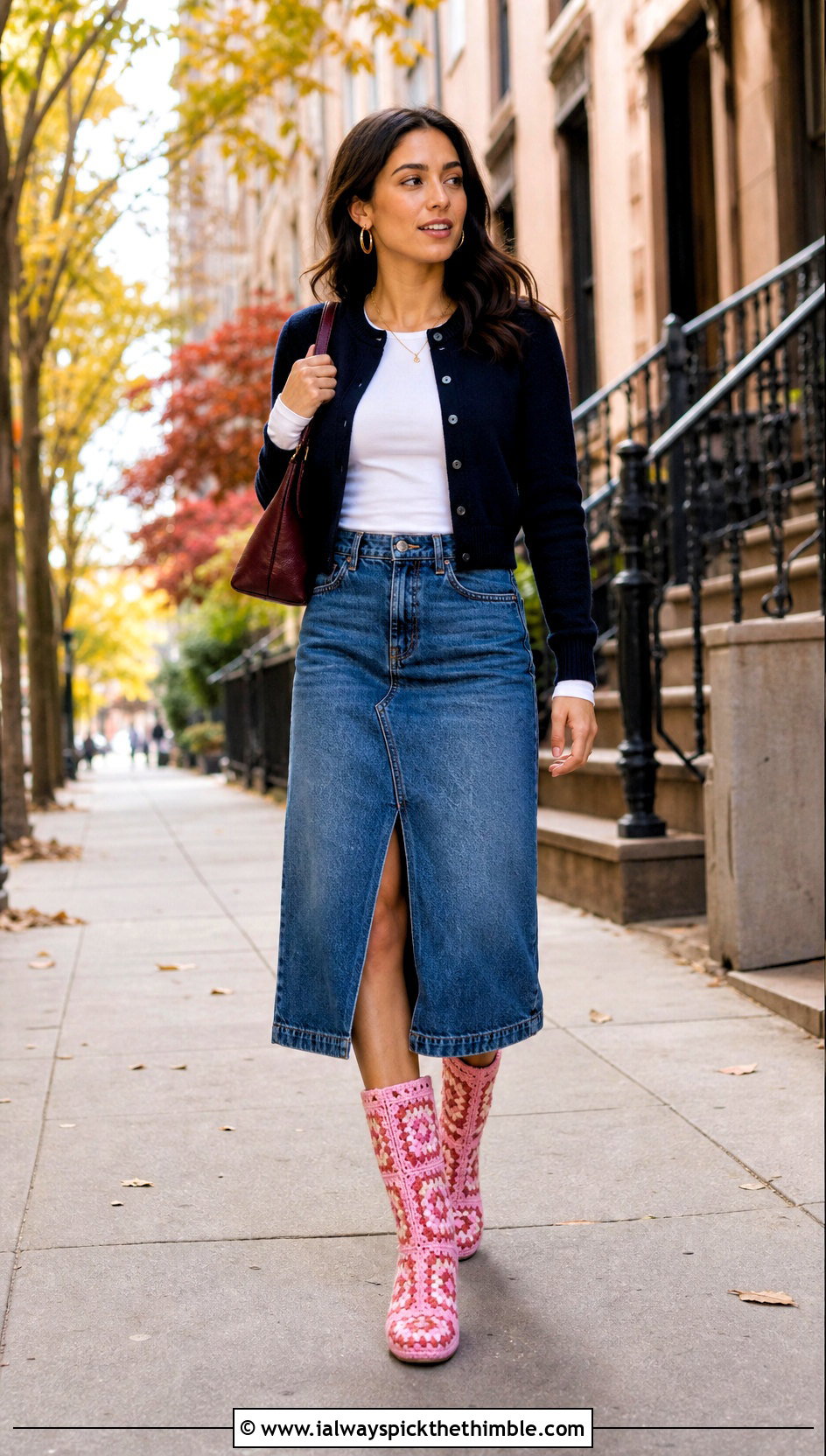 Granny Square Crochet Boots With Denim Skirt And Cardigan - 15 ugg style crochet boots outfit ideas