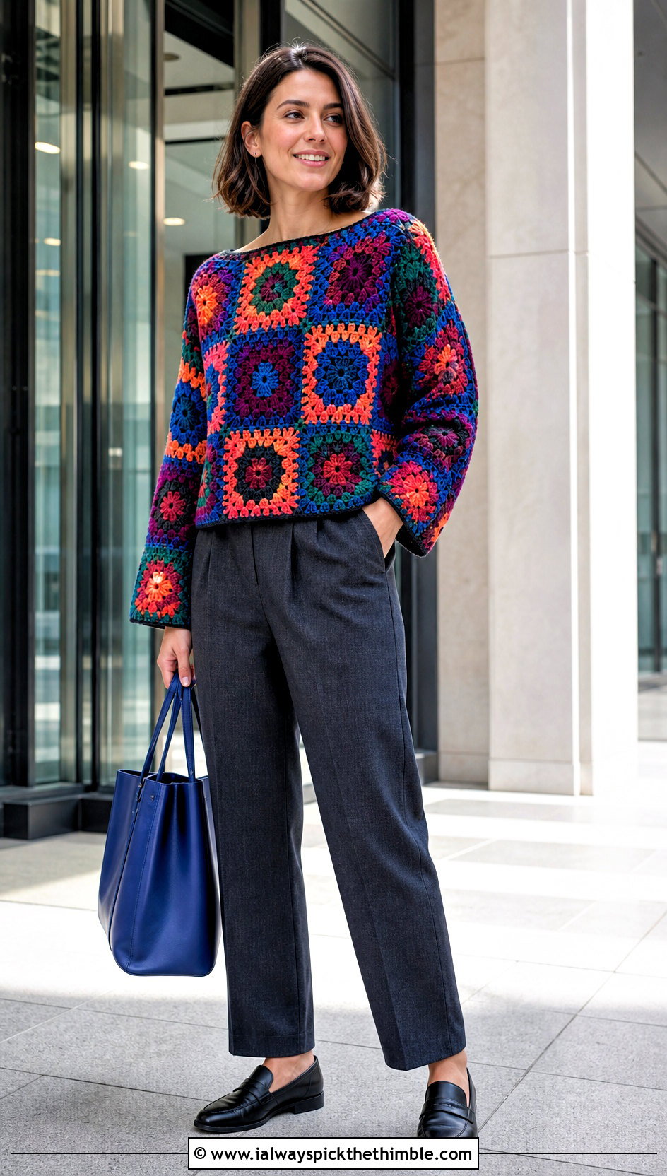 Granny Square Crochet Boxy Sweater With Tailored Trousers - 20 Crochet Boxy Sweater outfit ideas