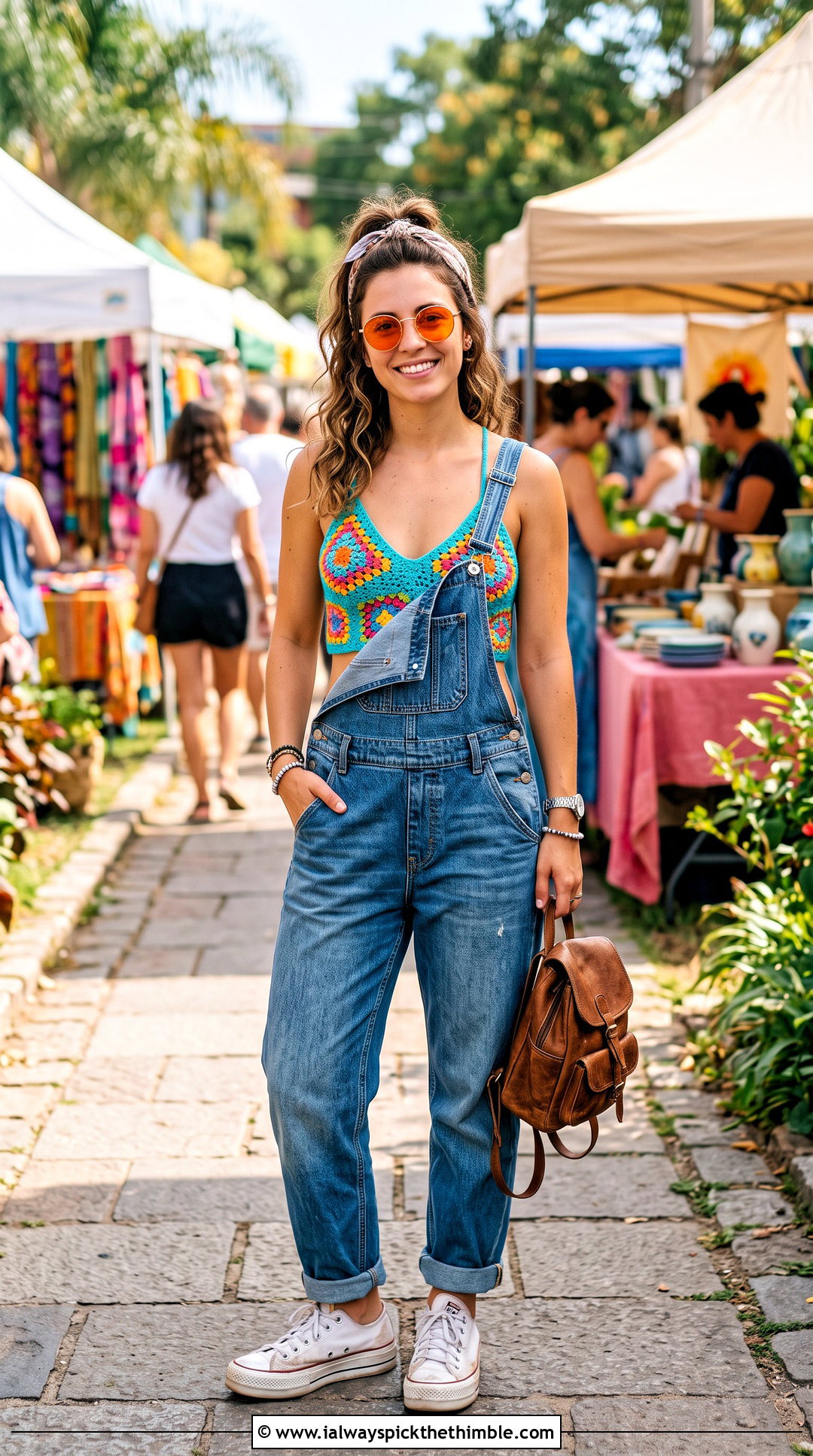 Granny Square Crochet Bra With Denim Overalls - 25 crochet bra outfit ideas