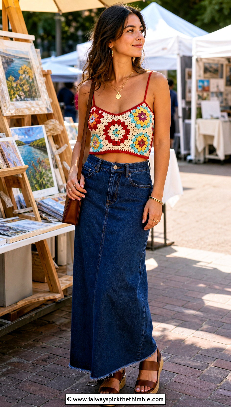 Granny Square Crochet Bralette With Denim Maxi Skirt - 15 crochet bralette on hanger outfit ideas