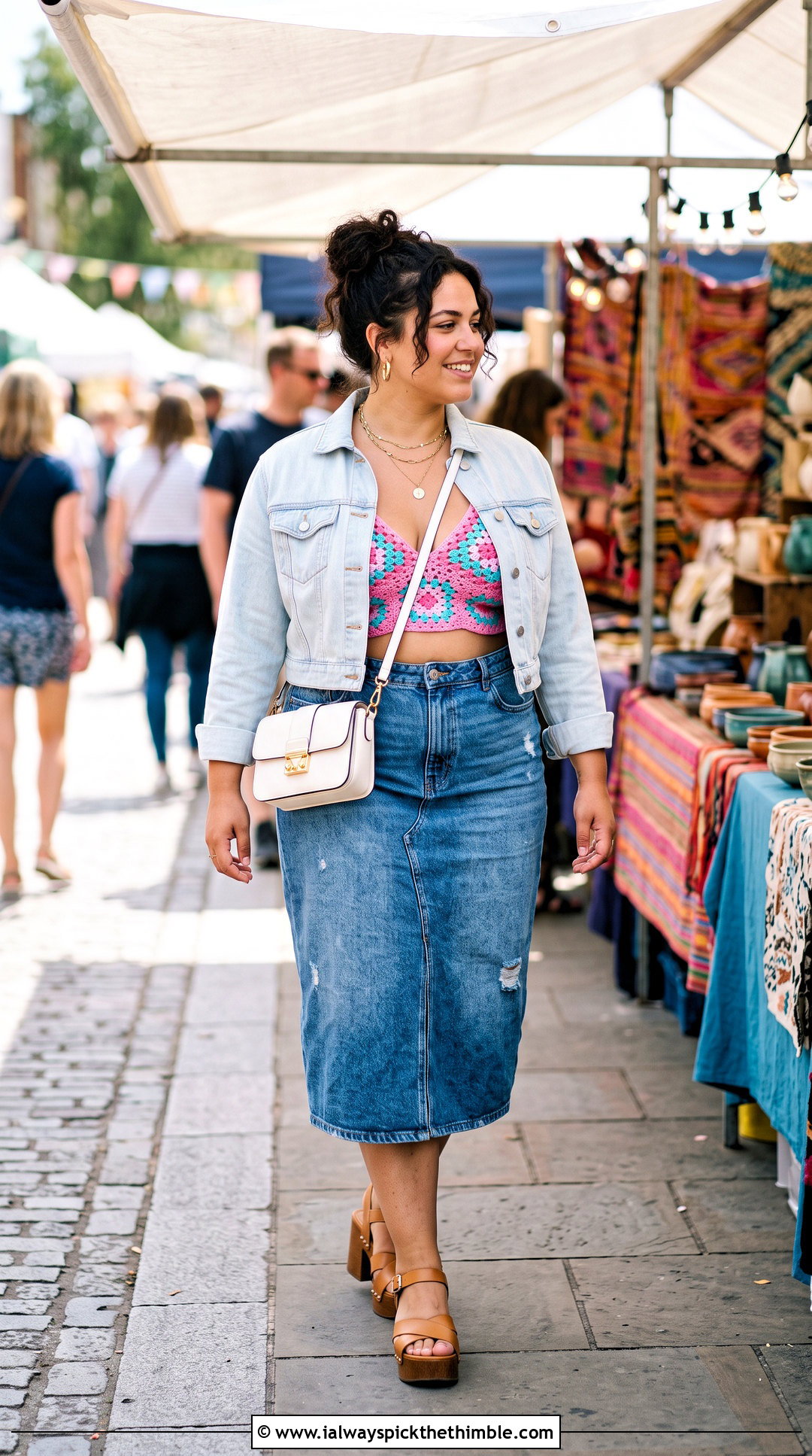 Granny Square Crochet Bralette With Denim Midi Skirt - 15 simple crochet bralette outfit ideas