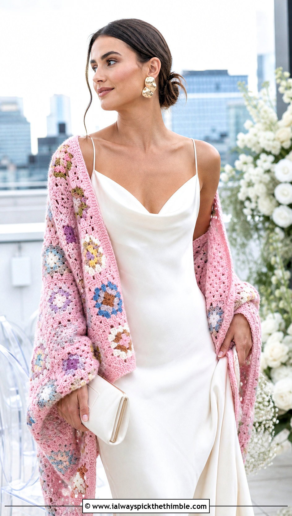 Granny Square Crochet Bridal Shawl With Satin Slip Dress - 20 Crochet Bridal Shawl outfit ideas