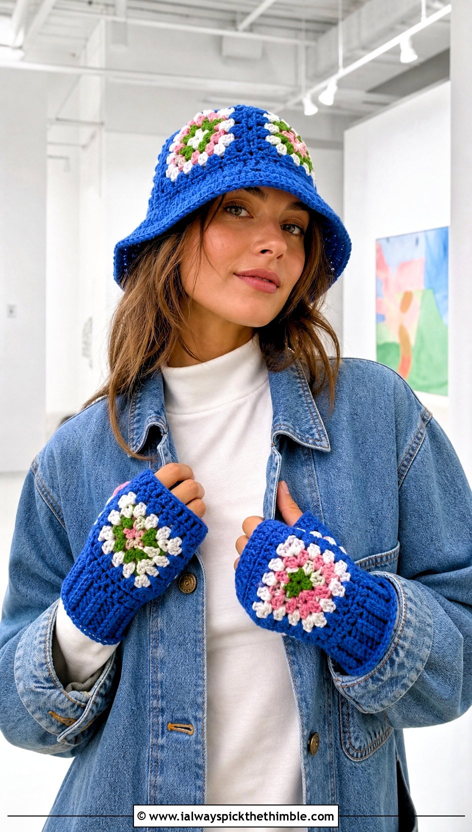 Granny Square Crochet Bucket Hat And Fingerless Mitts With Denim - 15 Crochet Hat With Hand Warmer outfit ideas