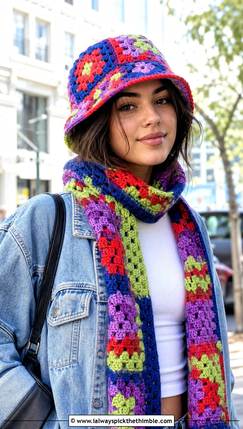 Granny Square Crochet Bucket Hat And Patchwork Scarf With Denim - 15 Easy Crochet Hat And Scarf Set outfit ideas