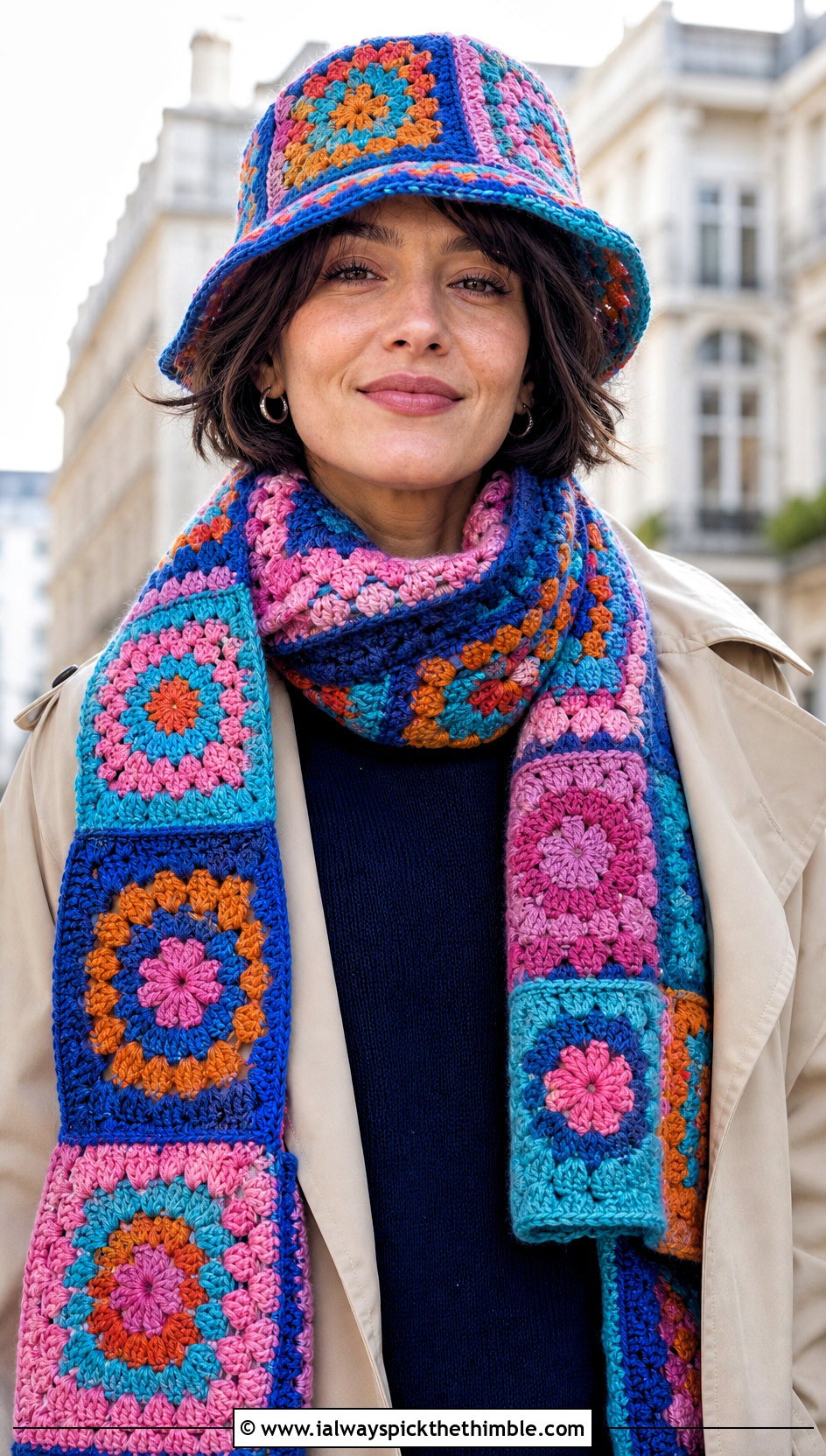 Granny Square Crochet Bucket Hat And Patchwork Scarf With Trench Coat - 20 Crochet Scarf And Hat Set outfit ideas