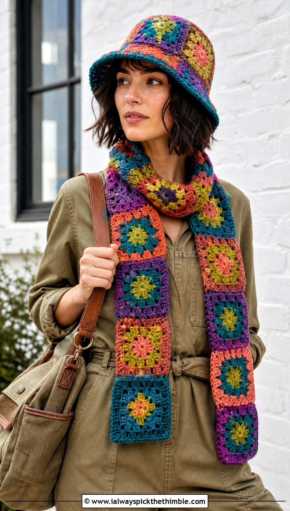 Granny Square Crochet Bucket Hat And Scarf With Utility Jumpsuit - 20 crochet scarf hat combo outfit ideas